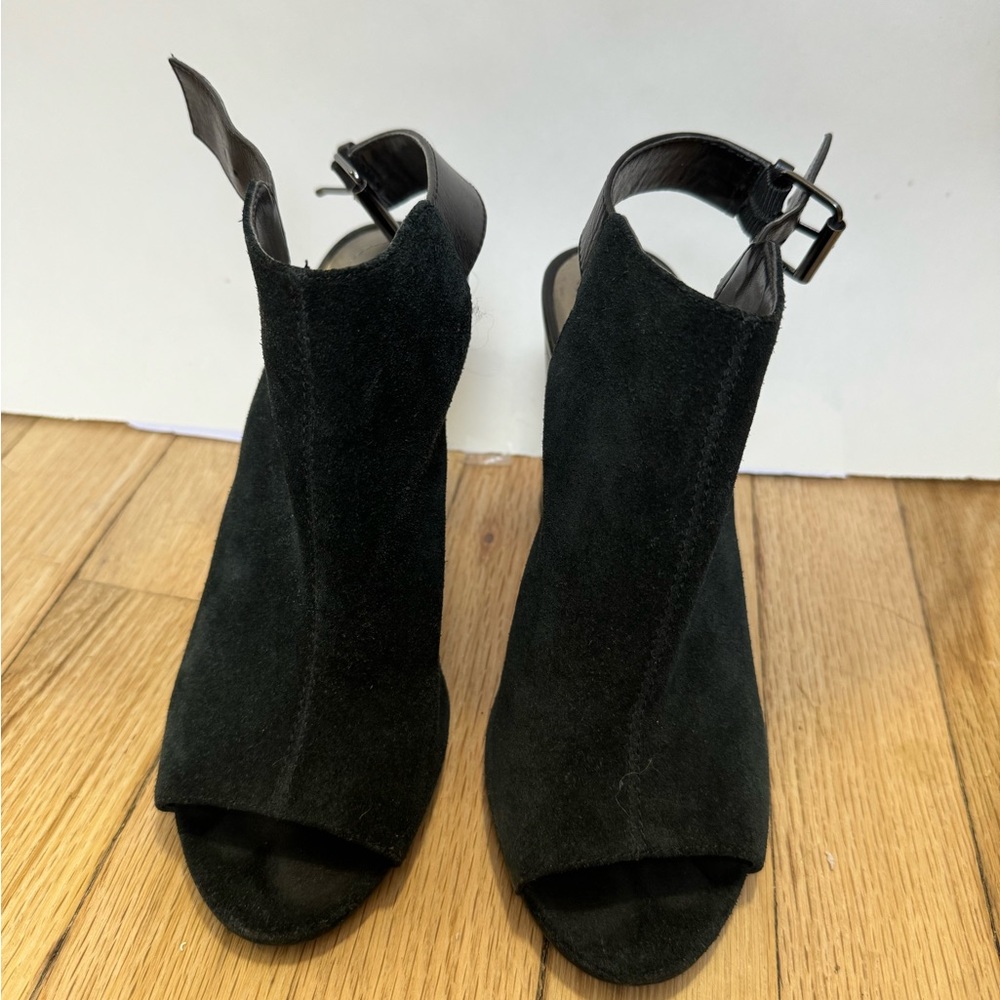 Suede ankle open toe booties. Tahari